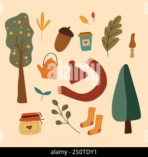 Set autumn cozy elements, stickers with foliage, forest decorations ...