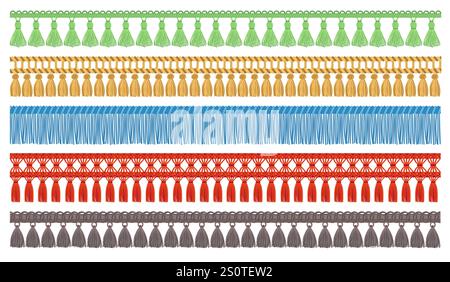 Cartoon seamless fringe borders. Color tassel garlands. Textiles edge decoration. Fabric ornament. Thread brushes. Sewing accessories. Macrame rope tr Stock Vector