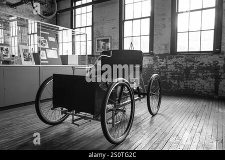 Reproduction of the 1896 Ford Quadricyle, Henry Ford's first car, on display at the Ford Piquette Avenue Plant Museum in Detroit Michigan USA Stock Photo