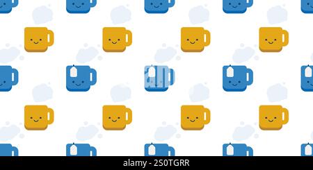 Seamless Blue and Brown Coffee and Tea Cup Icons Pattern on Wide Scale Light Background - Multi Purpose Graphic Design Template for Web in Editable Ve Stock Vector