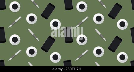 Seamless Pattern - Set of Mobile Phone, Pen and Coffee Cup Objects on a Table - Above View, Modern Home Office Workplace Concept - Creative Office Wor Stock Vector