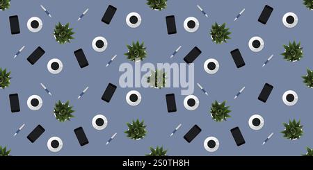 Seamless Pattern - Set of Mobile Phone, Ornamental Plant, Digital Pen and Coffee Cup Objects on a Table - Above View, Modern Home Office Workplace Con Stock Vector