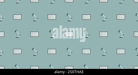 Seamless Pattern - Set of Laptop Computer and Desktop Reading Lamp Objects - Side View, Vector Design on Green Background Stock Vector