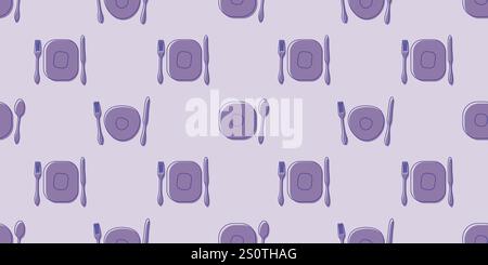 Seamless Cutlery Pattern Background - Rows of Many Retro Style Hand Drawn Fork, Spoon, Knife and Plate Symbols Colored in Purple - Vector Illustration Stock Vector