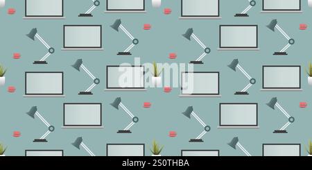Seamless Pattern - Set of Laptop Computer, Reading Lamp, Plant and Coffee Cup Objects - Side View, Modern Home Office Workplace Concept - Creative Off Stock Vector