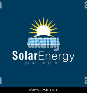 Elegant logo design combining a solar panel, radiant sun, and a green leaf, representing sustainable energy and harmony with nature. Ideal for eco-con Stock Vector