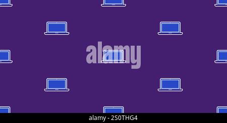 Lots of Simple Blue Minimalist Laptop Symbols on Dark Purple Background - Seamless Pattern Background Design, Wide Scale Texture for IT, Web and Techn Stock Vector