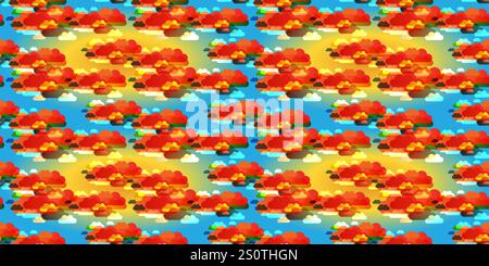 Large Orange Suns, Colorful Overlaying Red Cloud Silhouettes Pattern, Design on Blue Background - Seasonal Cover, Landing Page, Wrapping Paper Templat Stock Vector