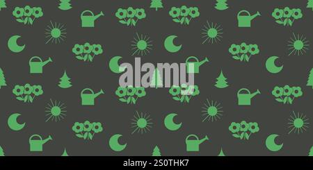 Seamless Texture of Green Flowers, Trees, Watering Cans and Suns  - Pattern on Dark Wide Scale Background Seasonal Wallpaper Design, Template for Web Stock Vector