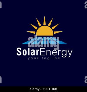 Elegant logo design combining a solar panel, radiant sun, and a green leaf, representing sustainable energy and harmony with nature. Ideal for eco-con Stock Vector