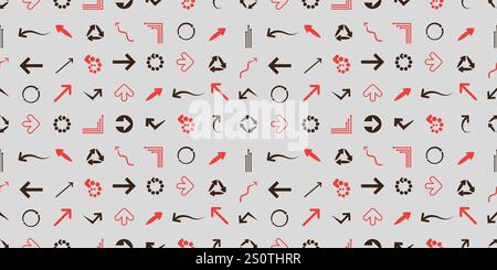 Various Colored and Shaped Red and Black 3D Arrow Symbols Texture - Pattern of Arrows of Various Sizes, Shapes and Orientation on Wide Scale Gray Back Stock Vector