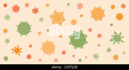 Lots of Orange, Green and Red Flowers or Sun Symbols of Various Sizes ans Shapes - Vintage Style Texture, Natural Floral Pattern on Wide Scale Pink Ba Stock Vector