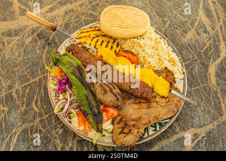 Pinchos morunos and kebab pinchos are two types of dishes that, although they may seem similar at first glance, have very different origins, ingredien Stock Photo