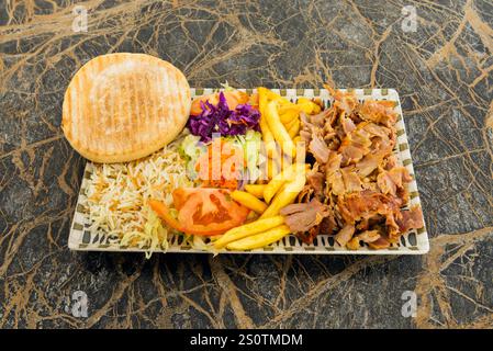 'doner kebab,' which is made from marinated meat cooked on a vertical rotisserie, and is cut into thin slices to be served in pita bread or as part of Stock Photo