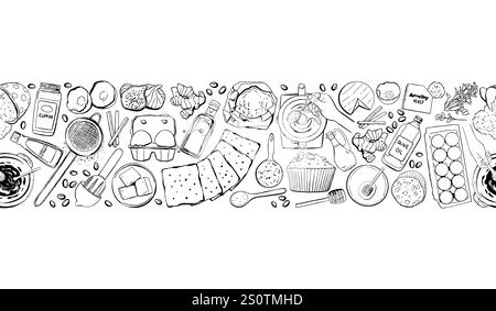 Cupcake recipe product border repeat pattern - eggs, honey, nuts, flour, baking soda and other baking ingredients. Hand-drawn illustration will be sui Stock Vector