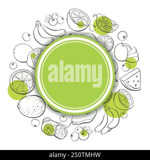 Hand drawn fruit food round template for your text. Vector illustration in black lines on white. Banana, citrus, lemon, kiwi, watermelon, orange, appl Stock Vector