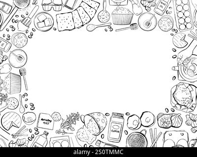 Tart and cupcake recipe product frame template - eggs, honey, nuts, flour, baking soda and other baking ingredients. Hand-drawn illustration will be s Stock Vector
