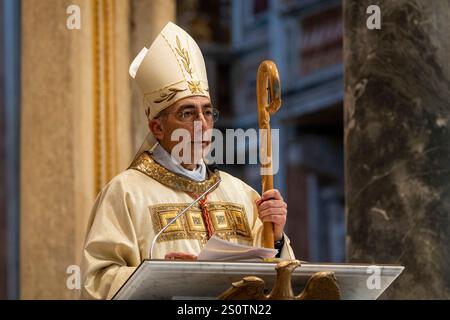 Rome, Italy. 29th Dec, 2024. Cardinal Baldassare Reina delivers his speech during Holy Mass. Cardinal Baldassare Reina celebrates Holy Mass on the occasion of the Opening of the Holy Door at St John in Lateran Basilica in Rome. Credit: SOPA Images Limited/Alamy Live News Stock Photo