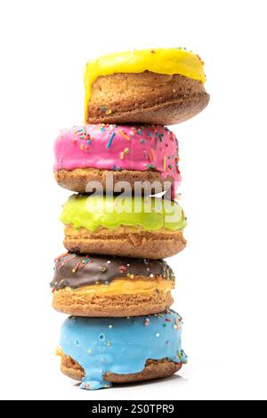 Stack of colorful donuts isolated on white background Stock Photo