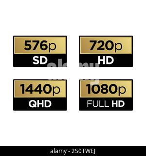 Ultra Hd icon collection. 8k Ultra Hd icon, SD, FHD, QHD, DCI 4k, Logo 480p SD, 720p HD, 1080p, vector TV screen quality. Resolution icon. Video size Stock Vector