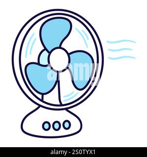 Electric fan blowing cool air, line icon in simple cartoon style. Vector clip art illustration. Stock Vector