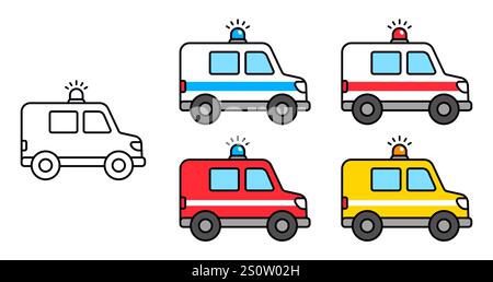 Emergency vans set with flashing roof lights. Ambulance, police, fire brigade, roadwork. Color and black and white line icon. Simple cartoon vector il Stock Vector
