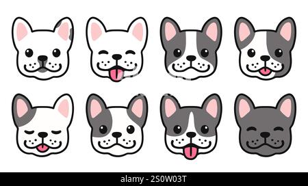 French Bulldog cartoon faces set. Black and white color, different patterns. Cute Frenchie puppy drawing, vector illustration. Smiling, sticking out t Stock Vector