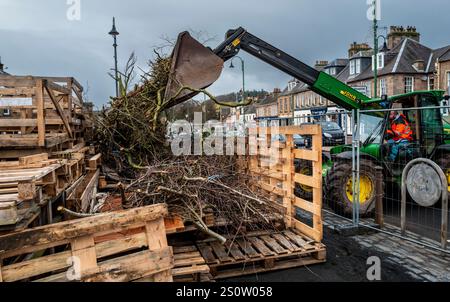 Building the traditional hogmanay bonfire in Biggar, South Lanarkshire, Scotland. Stock Photo