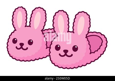 Pair of fuzzy bunny home slippers. Cute pink rabbit shoes cartoon vector illustration. Stock Vector