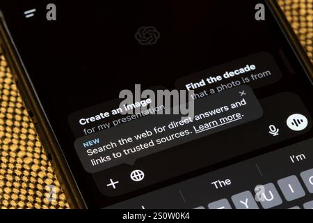 ChatGPT app is seen launched on an iPhone. To begin a search, users can click on the web search icon in the text box and enter a search query. Stock Photo