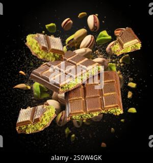 Tasty chocolate bars with pistachio filling exploding on black background Stock Photo