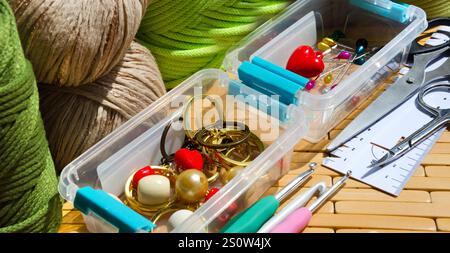 Colored skeins of thread for weaving macrame and boxes with accessories. Bright thread macro on a wooden background. Stock Photo