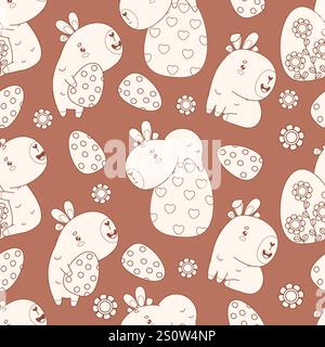 Easter Seamless pattern. Holiday Capybaras with paschal Eggs on brown background with flowers. Line drawing, Outline. Vector illustration. Kids Stock Vector