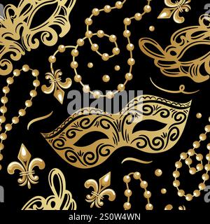 Gold masks adorned with festive beads and fleur-de-lis motifs are perfect for Mardi Gras. This seamless design in flat style is great for wallpapers, Stock Vector