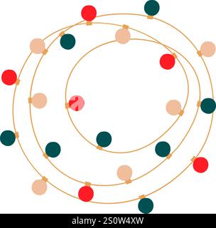 Christmas lights garland round tangled circle colored bulbs. Glowing Xmas festive string decoration with hanging retro lightbulb lamps for holiday car Stock Vector