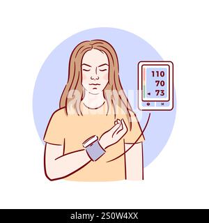 A young woman measures her blood pressure with a tonometer on her wrist. Vector illustration in sketchy style Stock Vector