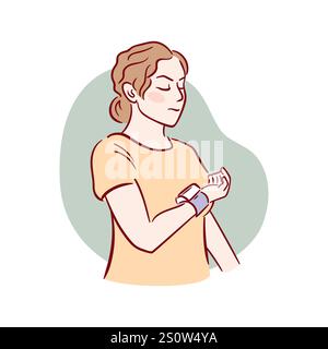 A vector illustration in sketch style shows a young woman measuring her blood pressure with a wrist tonometer. The detailed design emphasizes health a Stock Vector