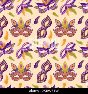 Colorful carnival masks adorned with colorful feathers and foliage for Mardi Gras celebrations. Seamless pattern. This flat style vector illustration Stock Vector