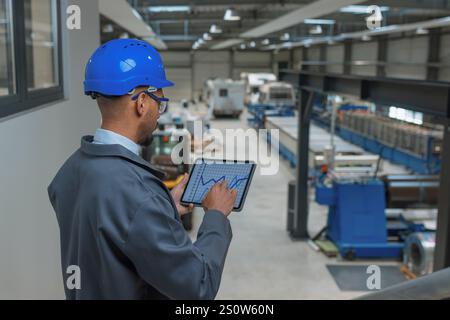 Young engineer programmer using tablet and graphs data to check factory machinery production and work procedure, rear view. Industry career concept. Stock Photo