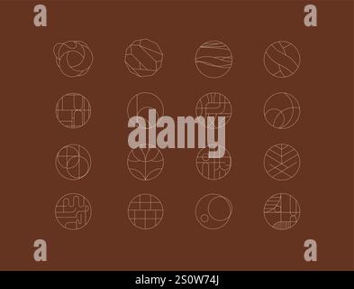 Circle shape icons drawing linear art style on brown background Stock Vector