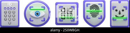 3D QR code. Biometric face scan. Cyber ID recognition. Phone authenticate scanner. Eye facial shield. Identification access password. Fingerprint scan Stock Vector