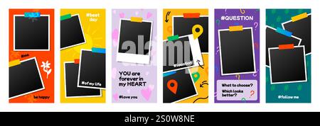 Photo template. Social media insta frame, fashion day flyer or photography concept. Love sticker in phone. Empty space for image. Abstract colorful ba Stock Vector