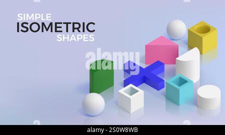 3D isometric shapes. Geometric background. Technology block cube. Abstract gradient platform. Isometry arch. Plastic figures. Color sphere and cylinde Stock Vector