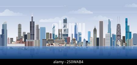 Chicago city skyline on gradient beautiful day sky background. Vector illustration Stock Vector