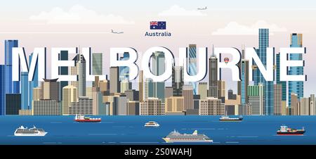 Melbourne city skyline colorful vector illustration. Travel poster Stock Vector