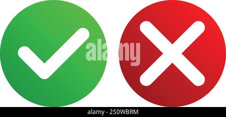 Check mark icon button set.  Check box icon with right and wrong buttons and yes or no checkmark icons in green tick box and red cross. Stock Vector