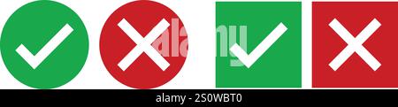 Check mark icon button set.  Check box icon with right and wrong buttons and yes or no checkmark icons in green tick box and red cross. Stock Vector