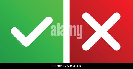 Check mark icon button set.  Check box icon with right and wrong buttons and yes or no checkmark icons in green tick box and red cross. Stock Vector