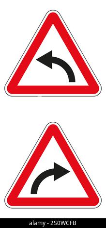 Red and white triangular warning road signs showing left and right curves, isolated on white. Stock Vector