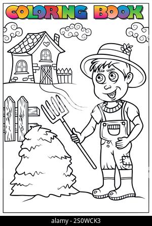 Black and white vector illustration of a smiling farmer holding a pitchfork near a haystack in front of a farmhouse, coloring activity for children. Stock Vector